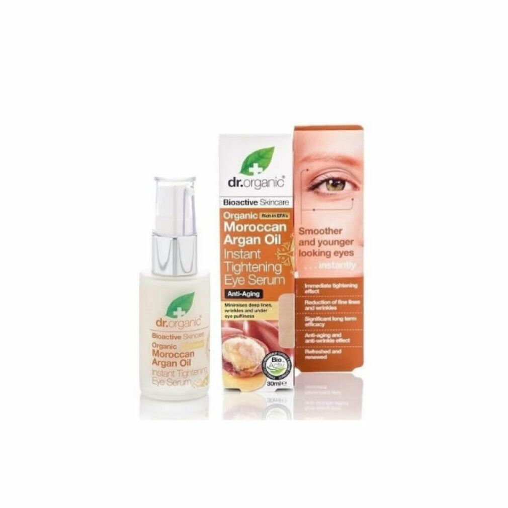 Serumflasche und Verpackung. Aufschrift: Dr. Organic, Moroccan Argan Oil, Instant Tightening Eye Serum, 30ml.