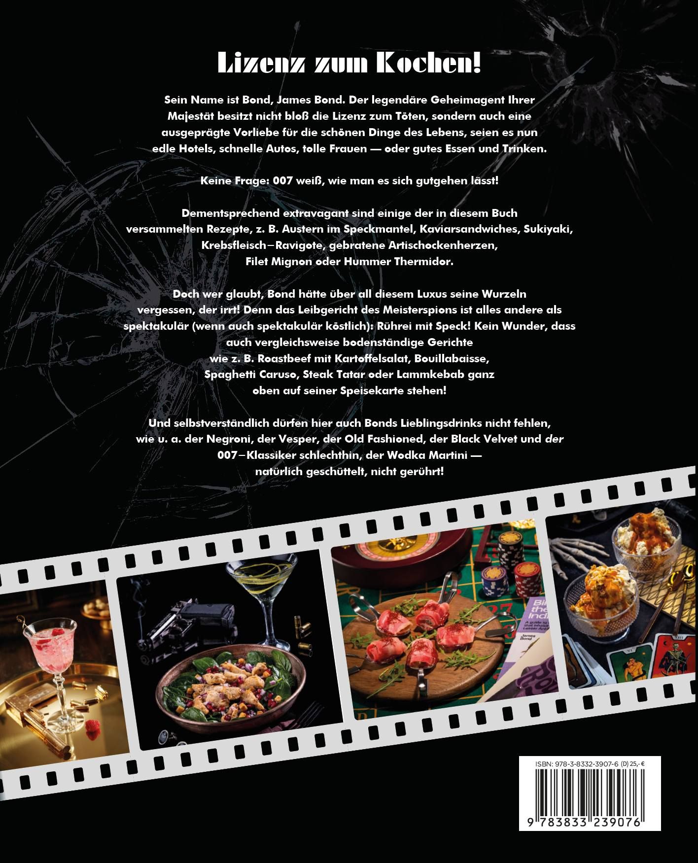 Buchrückseite "Lizenz zum Kochen". Text, Fotos von Gerichten, Filmstreifen-Design. ISBN und Barcode sichtbar.
