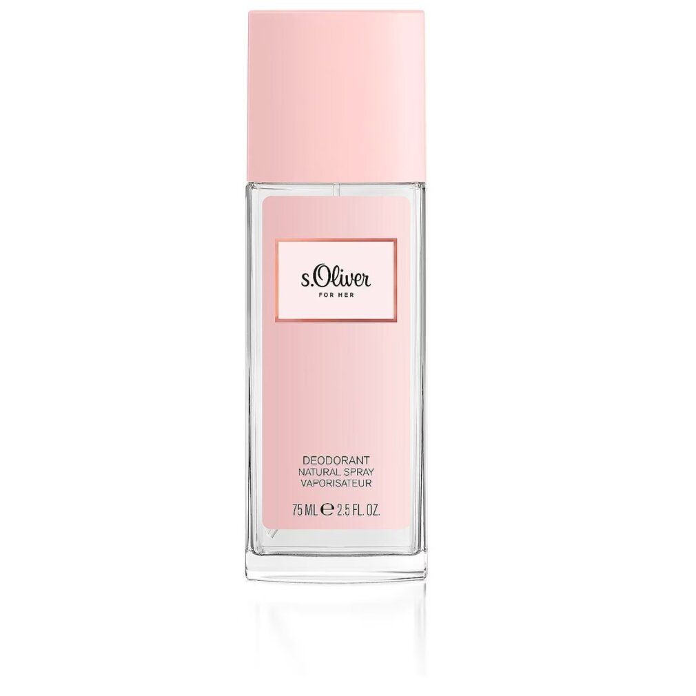 Deodorant-Sprayflasche, rosa Deckel, rechteckig. Aufschrift: s.Oliver For Her, Deodorant Natural Spray, 75 ml.