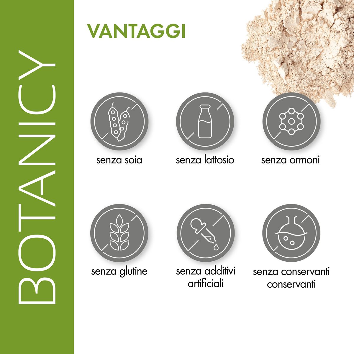 Grafica con simboli: senza soia, senza lattosio, senza ormoni, senza glutine, senza additivi artificiali, senza conservanti. Marchio: Botanicy.