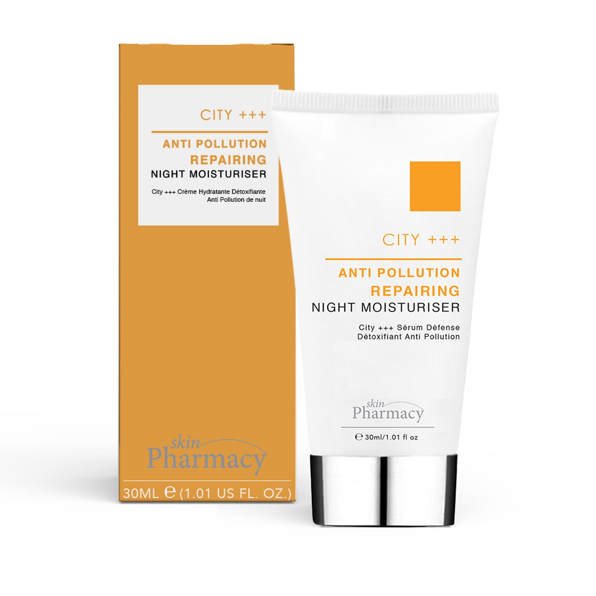 Produkt und Verpackung. Weiße Tube, silberner Deckel. Aufschrift: ANTI POLLUTION REPAIRING NIGHT MOISTURISER. Marke: skinPharmacy. Braune Verpackung.