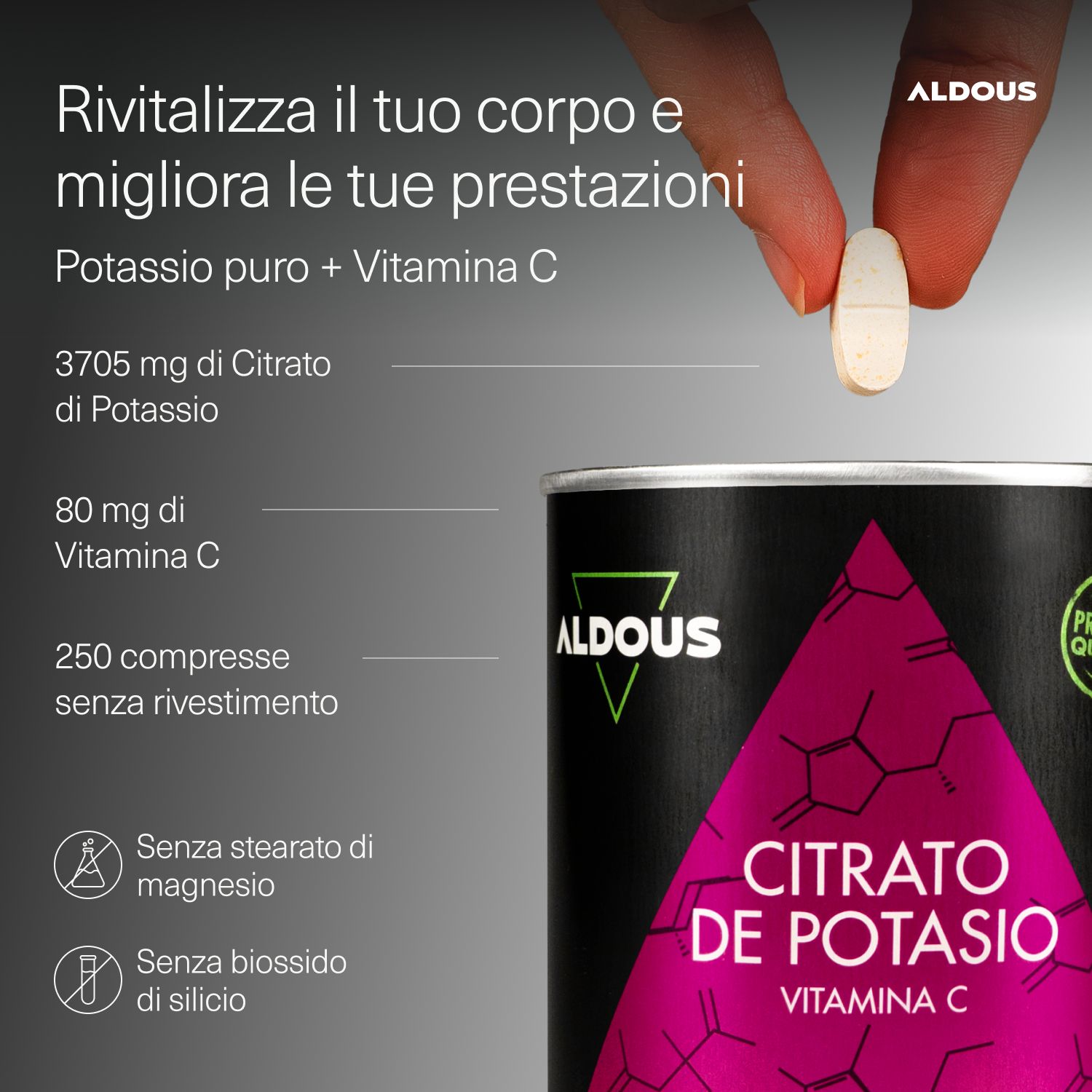 Aldous Citrato de Potasio Dose mit 250 Tabletten, Vitamin C. Premium Qualität.