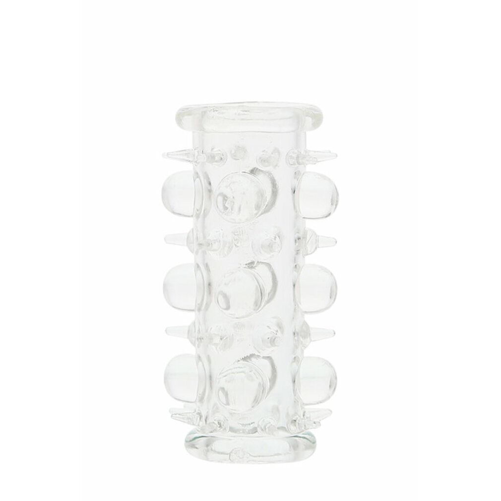 Transparentes Silikon Sleeve mit Noppen und Erhebungen. Zylindrische Form. Produkt ohne Verpackung.