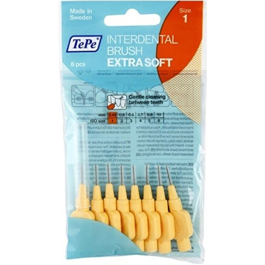 Verpackung mit gelben TePe Interdentalbürsten. Extra Soft, 8 Stück. Aufschrift: Gentle cleaning between teeth.