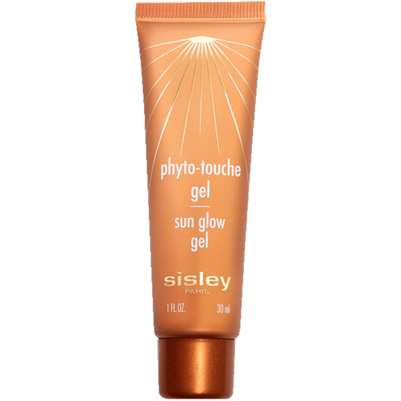 Tube mit Phyto-Touche Gel. Hellbraune Verpackung mit goldfarbenem Aufdruck. Schriftzug: Phyto-Touche Gel, Sun Glow Gel, Sisley Paris. 30 ml.
