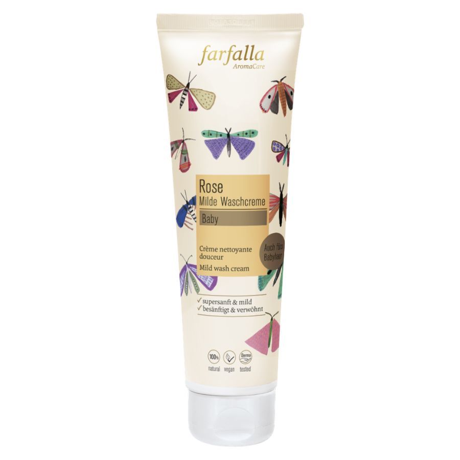 Creme-Tube mit farbigen Schmetterlingen und Schriftzug. Aufschrift: Rose Milde Waschcreme Baby. Vegan und Naturkosmetik.