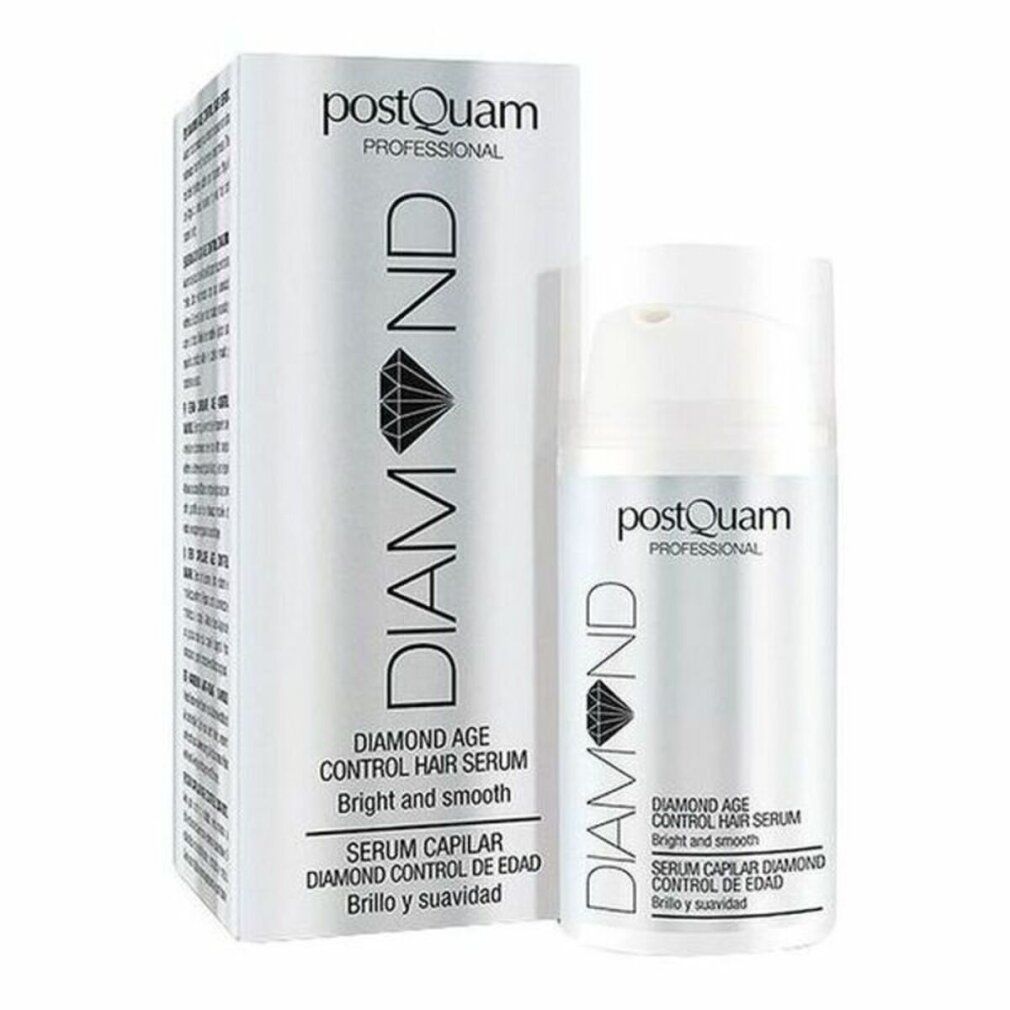 Haarserum-Flakon und -Verpackung. Aufschrift DIAMOND, Diamond Age Control Hair Serum. Weißer Flakon mit Pumpkopf. Verpackung mit Text.