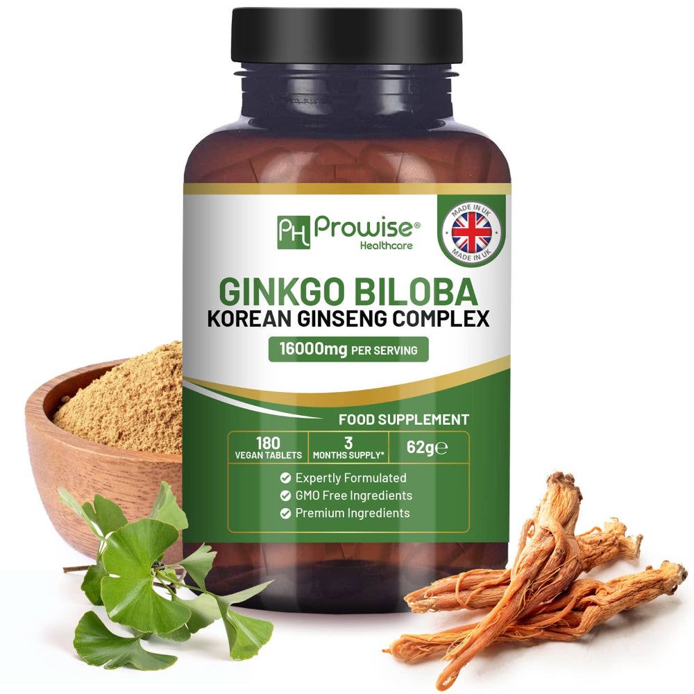 Eine Flasche Prowise Healthcare Ginkgo Biloba und koreanischer Ginseng. Braune Flasche mit schwarzem Deckel. Grün-weißes Etikett.