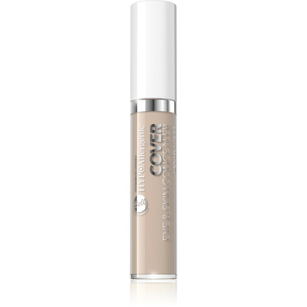 Concealer-Stift. Beige Tube mit weißem Deckel. Schriftzug: Hypoallergenic, Cover, Eye & Skin Concealer. Marke: bell.