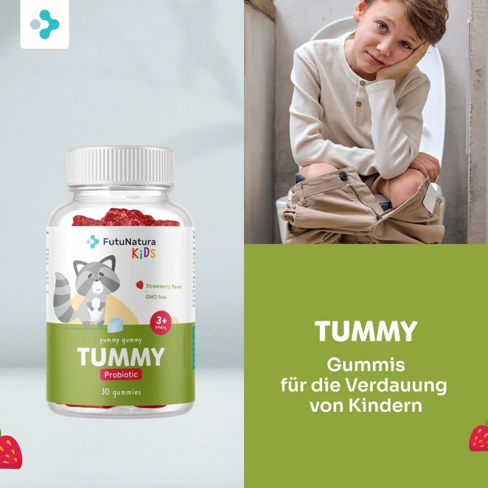 Flasche mit "Tummy" Gummis für Kinder, 30 Stück. Enthält B-Vitamine und mikrobielle Kulturen.