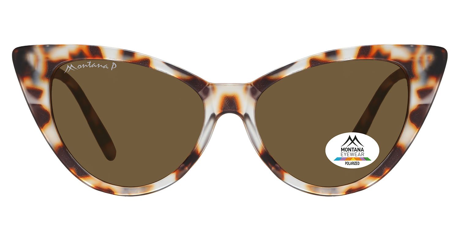 Sonnenbrille mit braunen Gläsern und Schildpatt-Muster. Montana Eyewear Logo und polarisiertes Glas-Aufkleber.