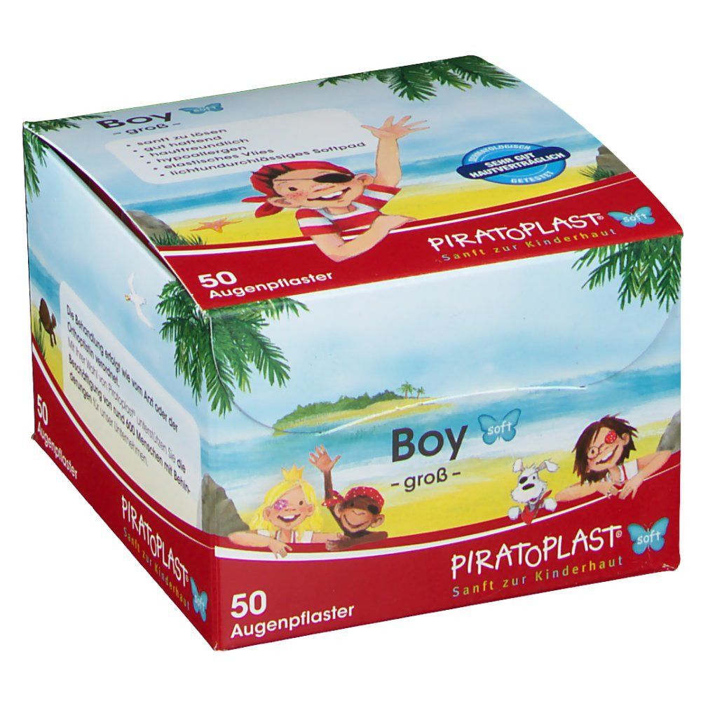 Karton mit 50 Augenpflastern. Aufdruck: PIRATOPLAST® Boy soft groß. Illustration eines Piratenjungen und Kinder. Text über das Produkt.