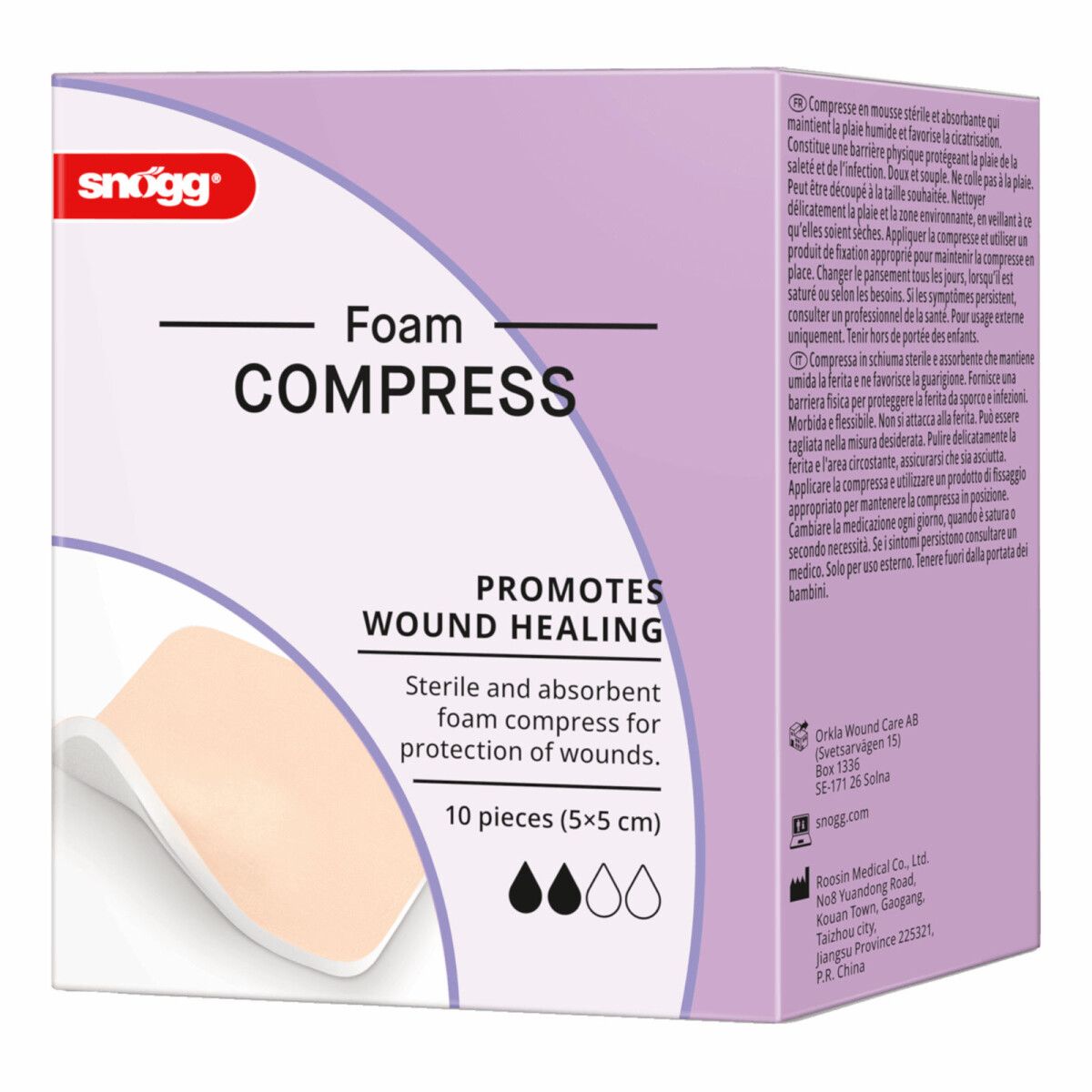 Verpackung Snögg Foam Compress, 10 Stück (5x5 cm). Sterile und absorbierende Schaumkompressen zur Wundheilung.