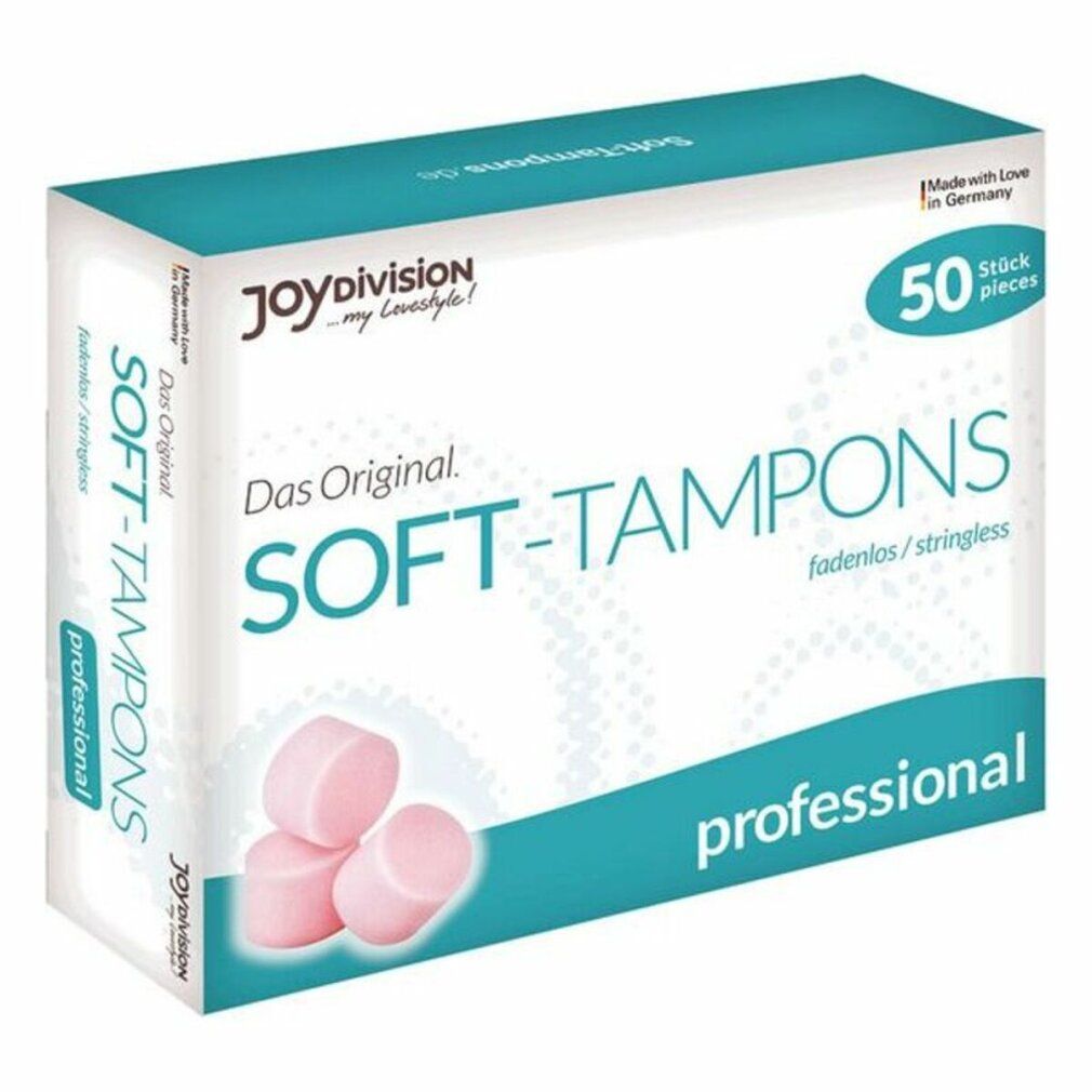 Verpackung von Soft-Tampons, 50 Stück. Marke Joydivision. Rosa Tampons liegen vor der Box. Text: Soft-Tampons, professional.