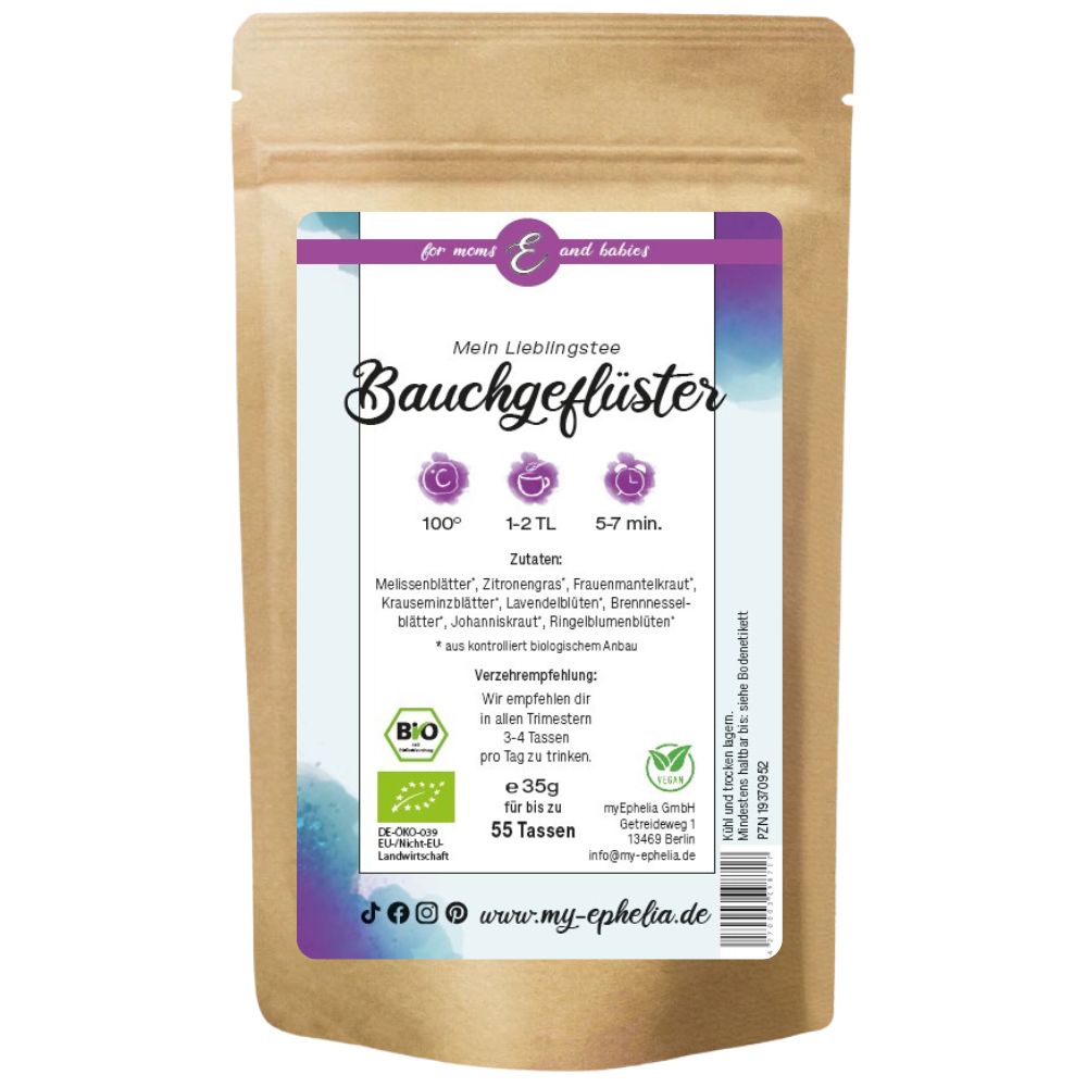 Braune Papiertüte mit Aufdruck. Etikett mit Zutaten und Zubereitungshinweisen. Bio-Siegel. Text: Mein Lieblingstee Bauchgefühl.