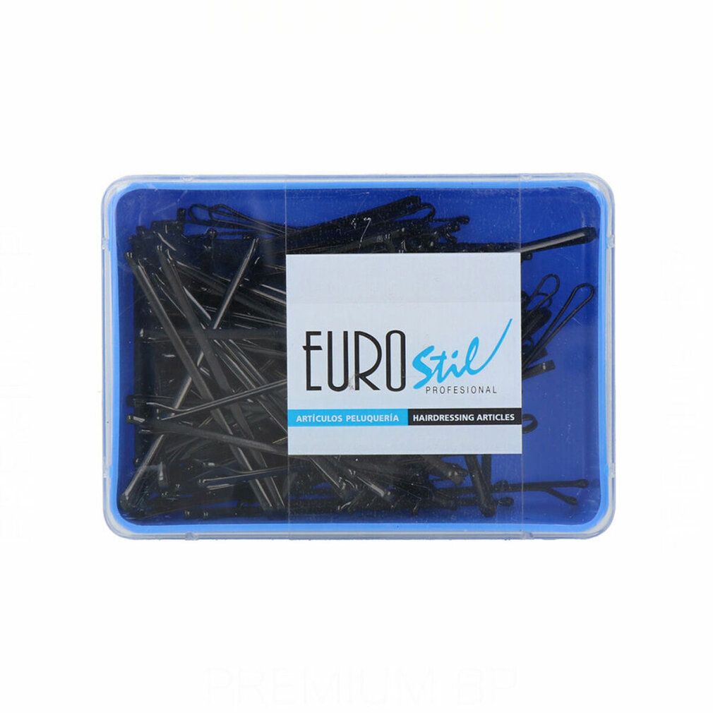 Blaue Box mit schwarzen Haarnadeln. Eurostil-Logo und Text. Haarnadeln in der Box.