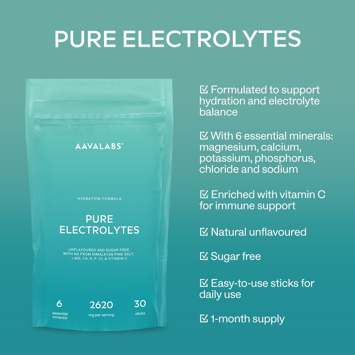 AAVALABS Elektrolyt Pulver Beutel mit Produktmerkmalen.