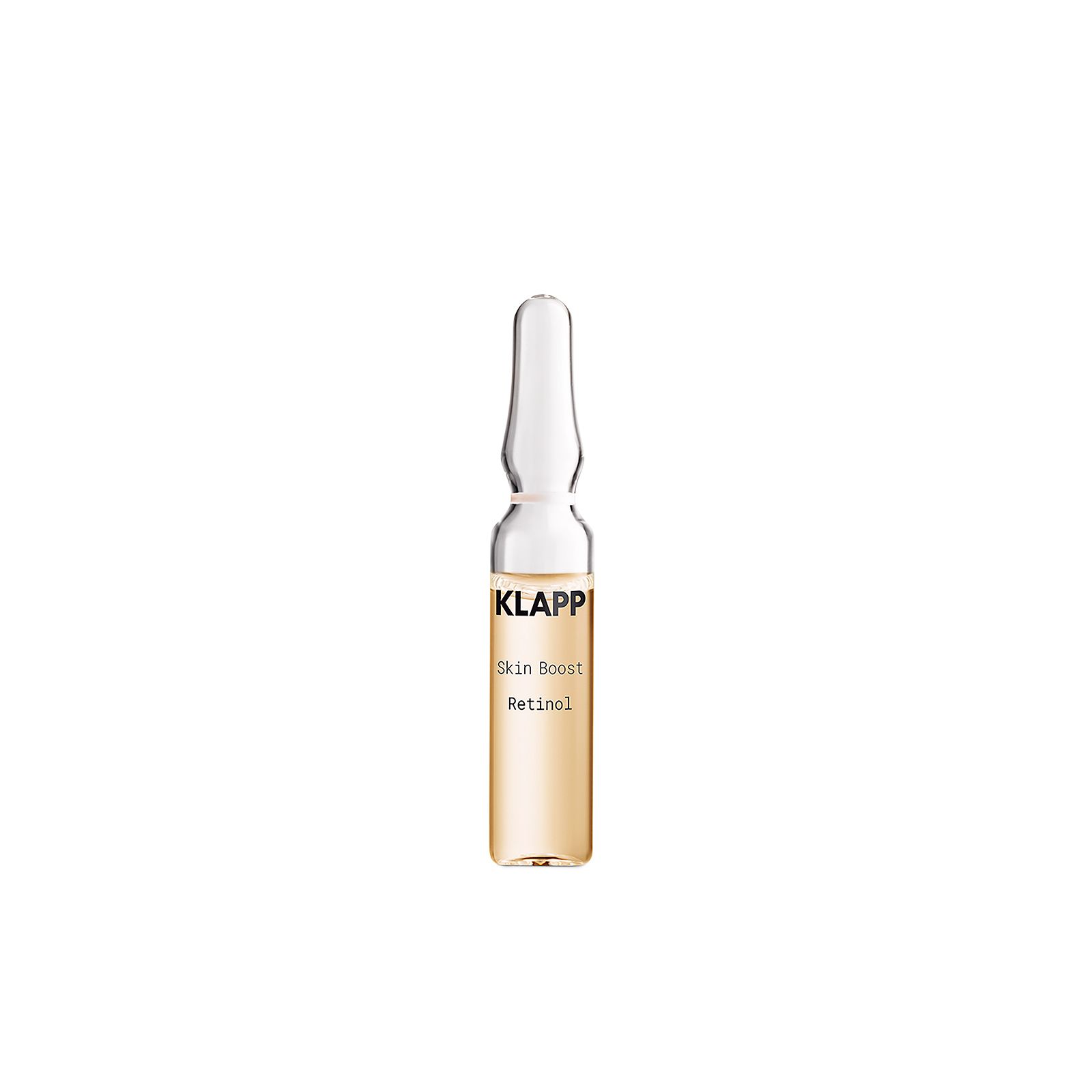 Ampulle mit gelblicher Flüssigkeit. Beschriftung: KLAPP Skin Boost Retinol.
