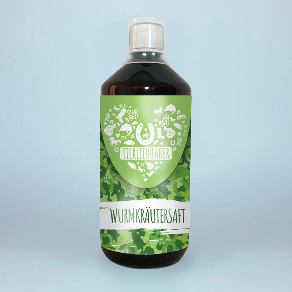 Braune Flasche mit weißem Verschluss und Etikett. Aufschrift: Tierliebhaber Wurmkräutersaft.