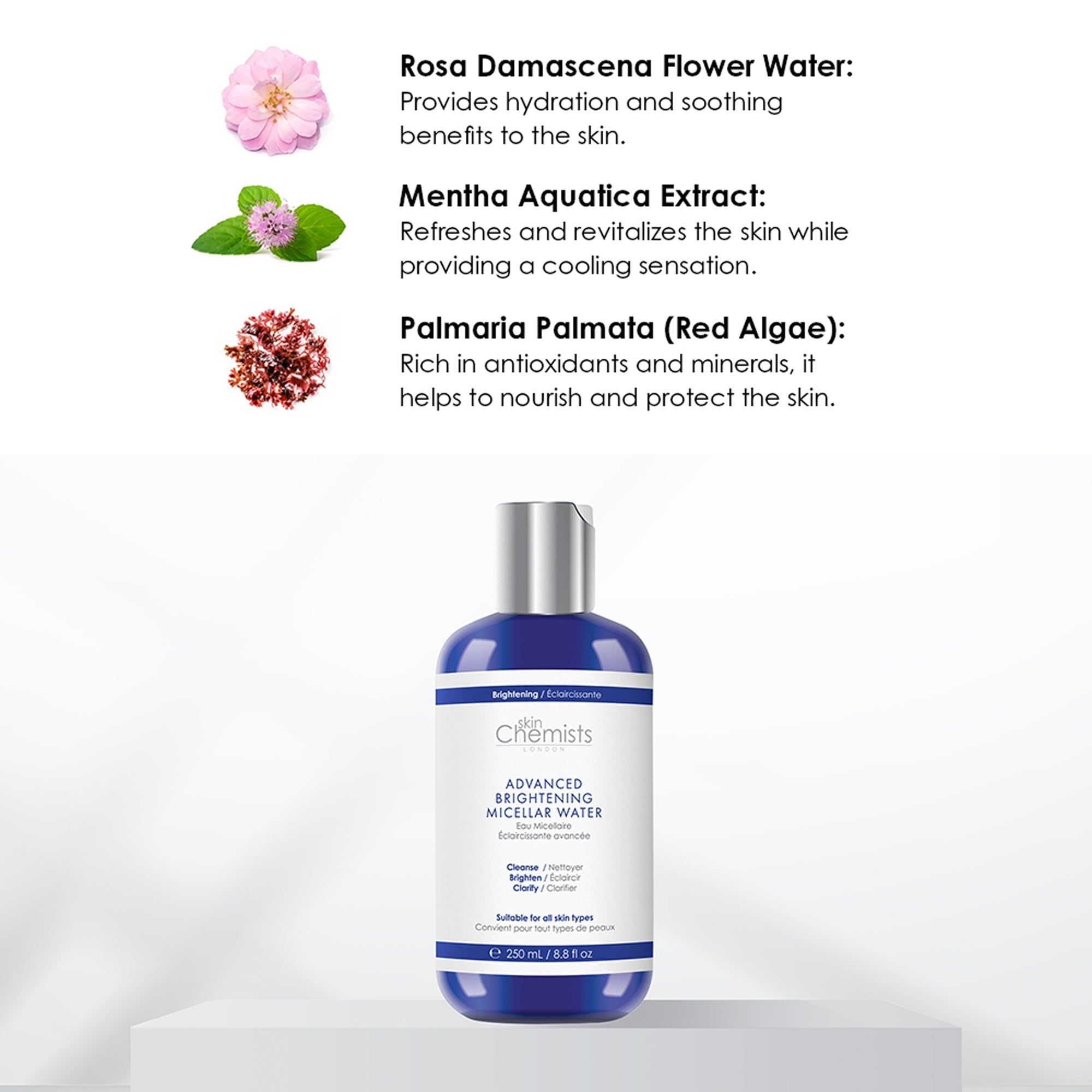 Blaue Flasche mit silbernem Deckel. SkinChemists Advanced Brightening Micellar Water. Inhaltsstoffe: Rosenwasser, Minze, Rotalgen.