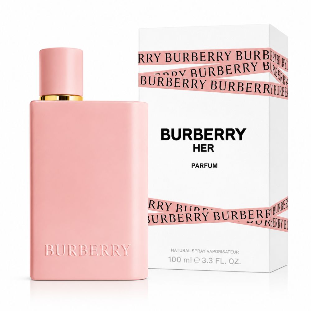 Burberry Her Eau de Parfum in einem zartrosa Flakon mit passender Verpackung. Der Flakon hat eine rechteckige Form mit abgerundeten Kanten und einem goldenen Ring am Hals.