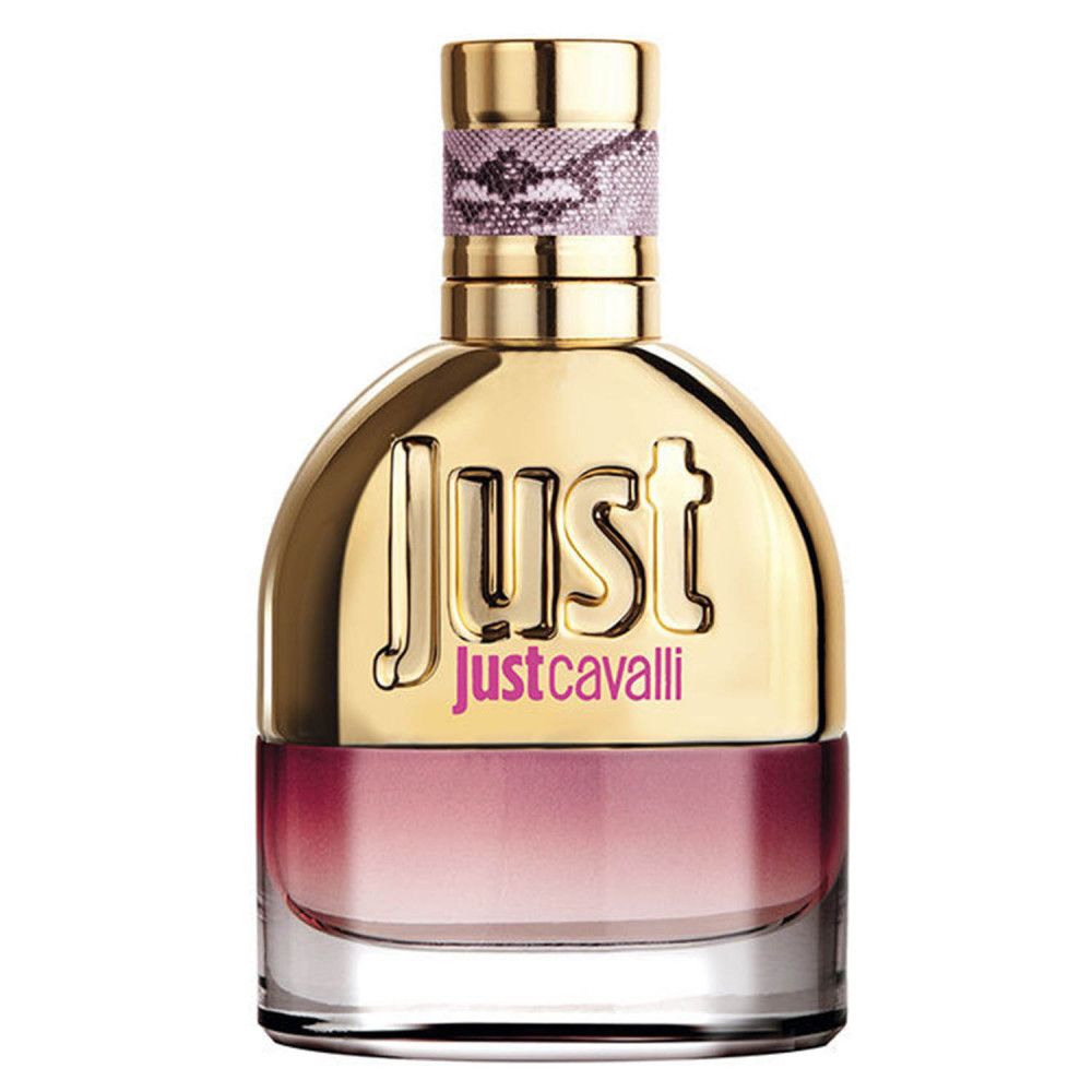 Flakon von Just Cavalli Eau de Toilette. Goldfarbene Kappe und Hals. Rosa Flüssigkeit im Glas.