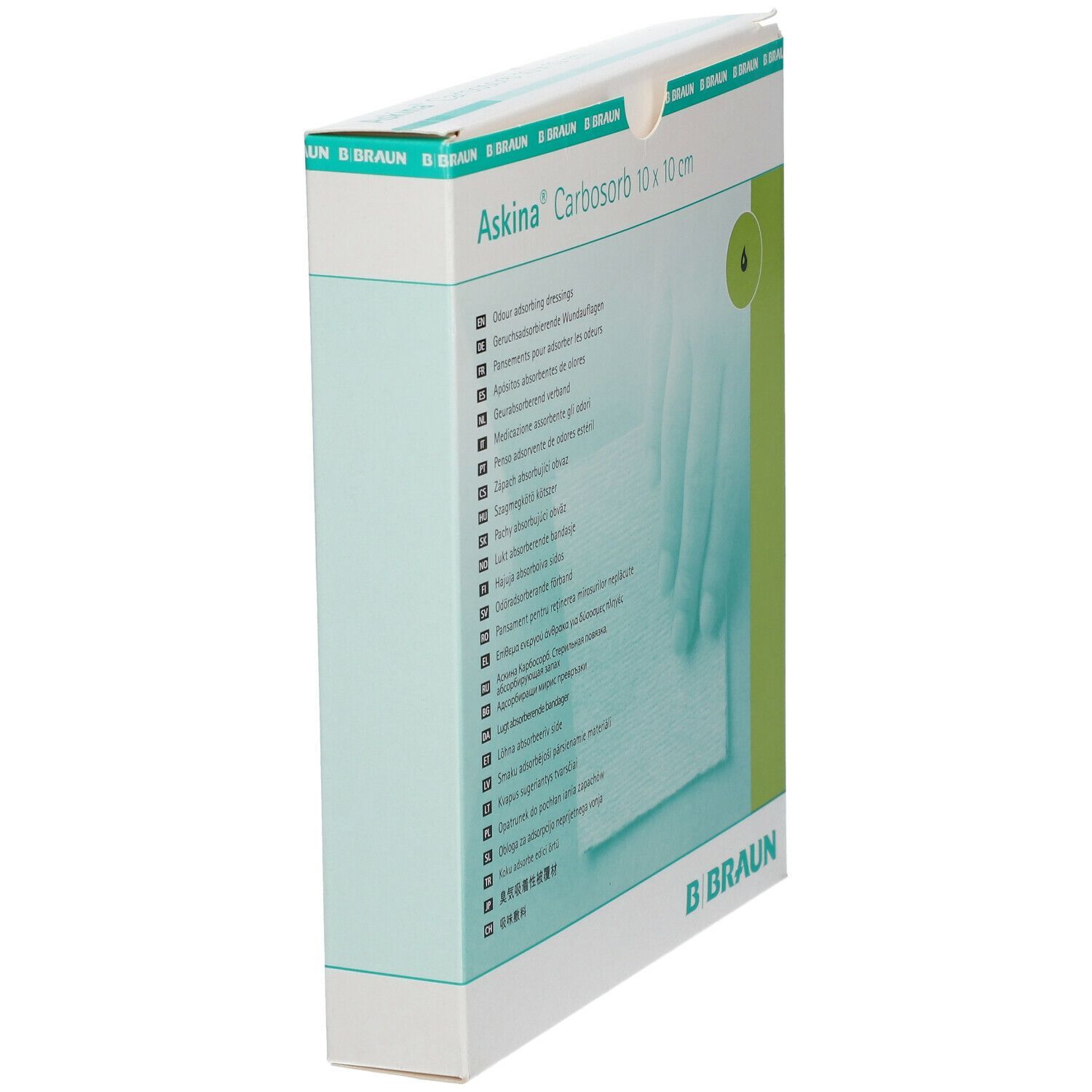 Verpackung von Askina Carbosorb 10 x 10 cm. Weißer Karton mit Produktbezeichnung und B. Braun Logo. Ansicht von der Seite.