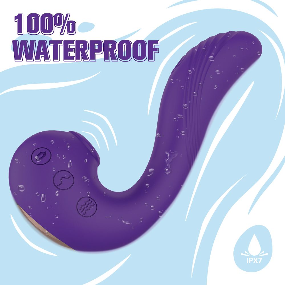 Lila Vibrator mit drei Knöpfen. Wassertropfen. Text: 100% wasserdicht. IPX7-Zertifizierung.