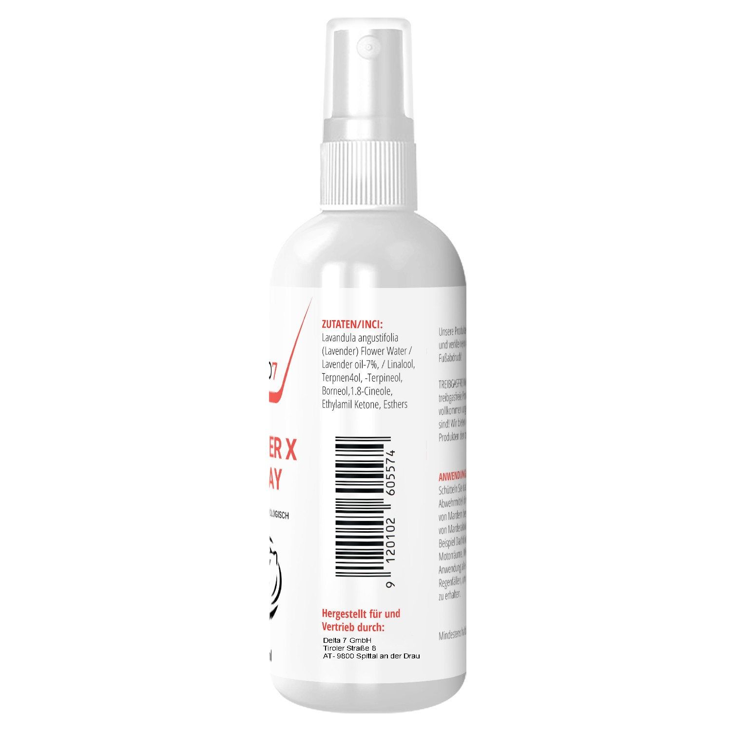 Rückseite der weißen Sprühflasche. Text: Zutaten/INCI, hergestellt für, Barcode.