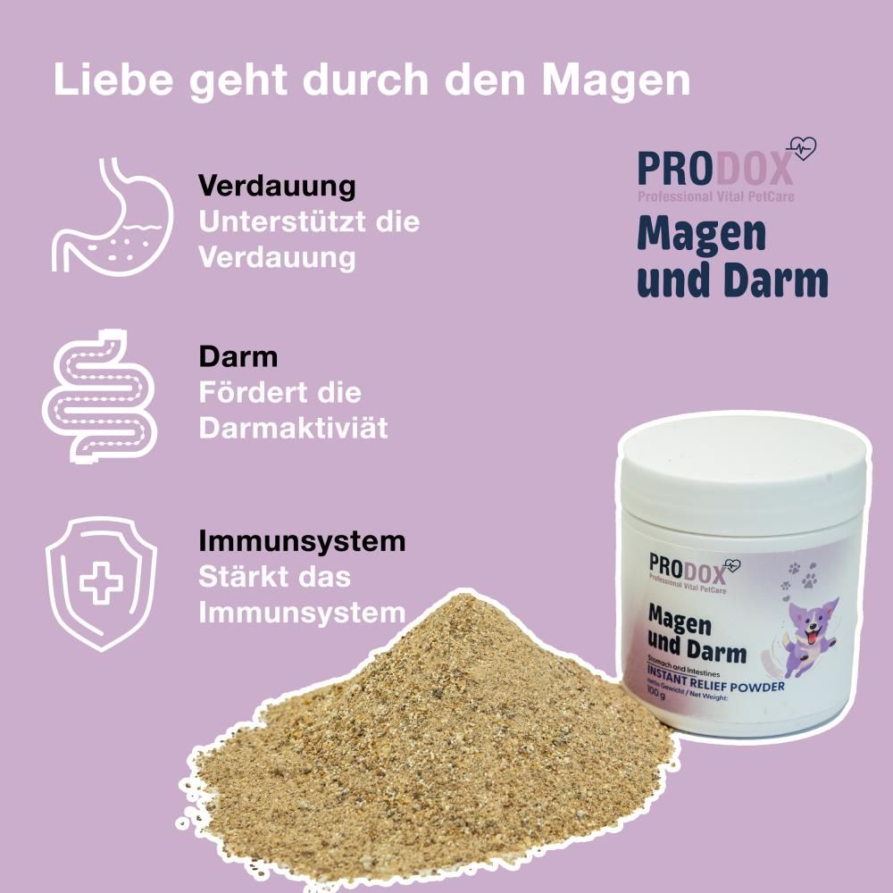 Lila Hintergrund mit Text und Illustrationen. PRODOX, Magen und Darm, INSTANT RELIEF POWDER. Haufen braunes Pulver. Illustrationen zu Verdauung, Darm, Immunsystem.