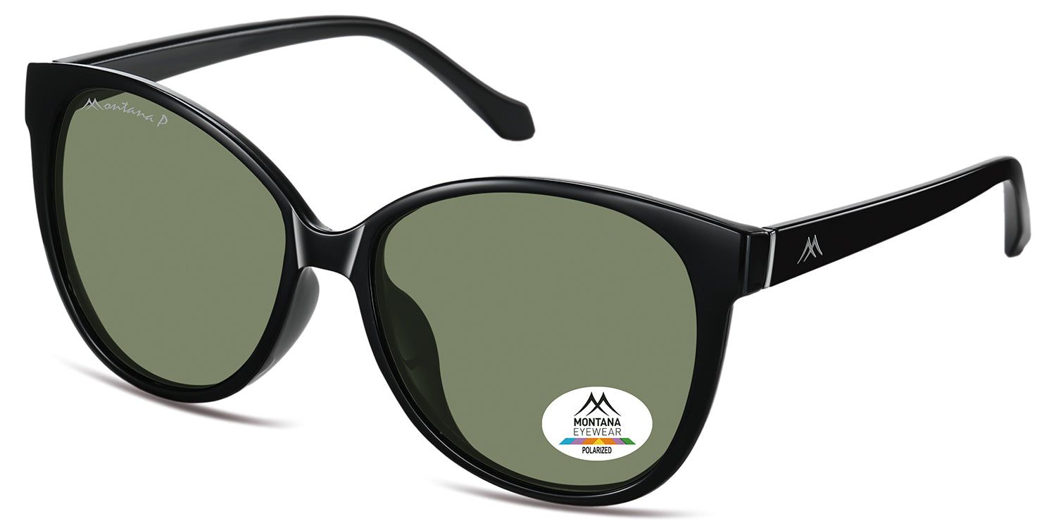 Schwarze Sonnenbrille mit grünen Gläsern. Montana Eyewear Logo und polarisiertes Siegel. Katzenaugenform.