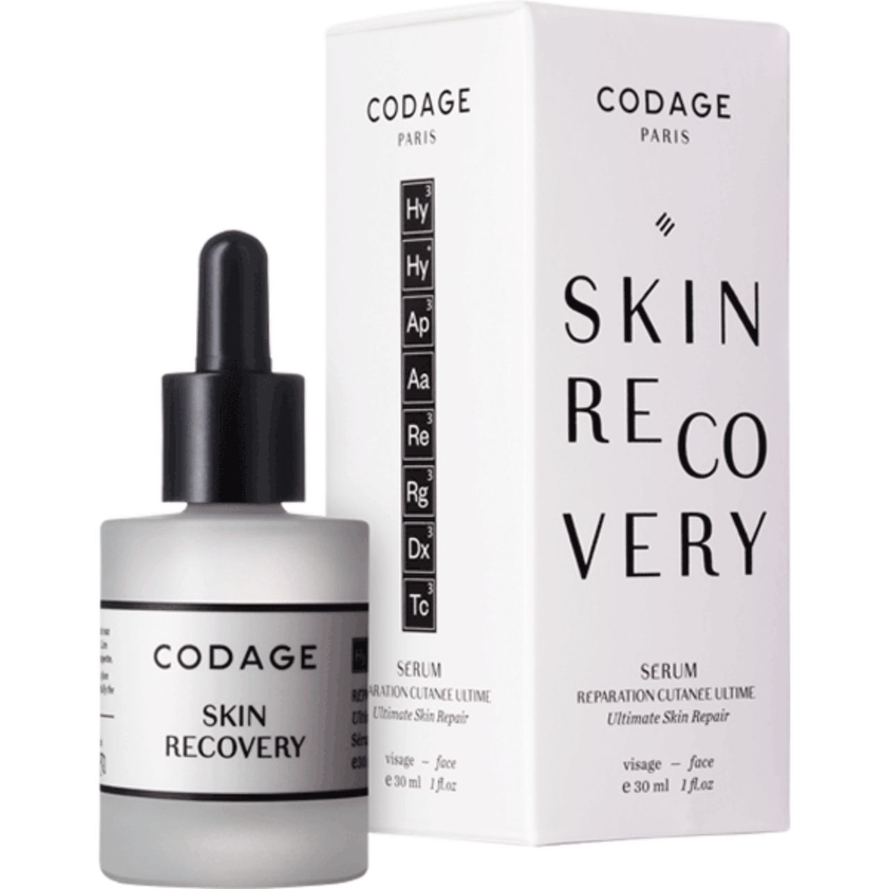Codage Skin Recovery Sérum. Flasche mit schwarzer Pipette und weißer Verpackung. Aufschrift: Skin Recovery, Serum, visage - face.
