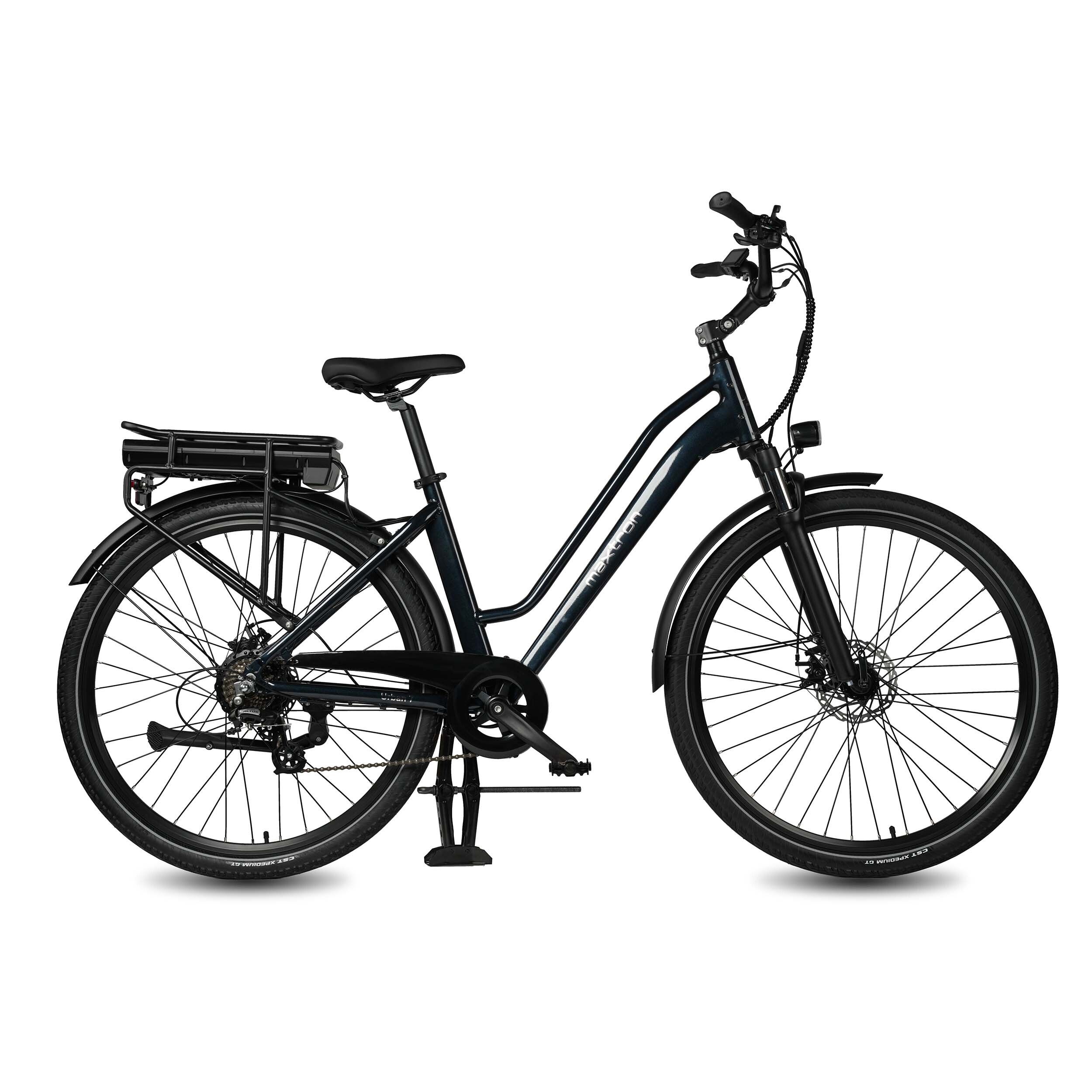 Schwarzes E-Bike mit Akku, Gepäckträger, Schutzblechen und 7-Gang-Schaltung. Maxtron-Logo.