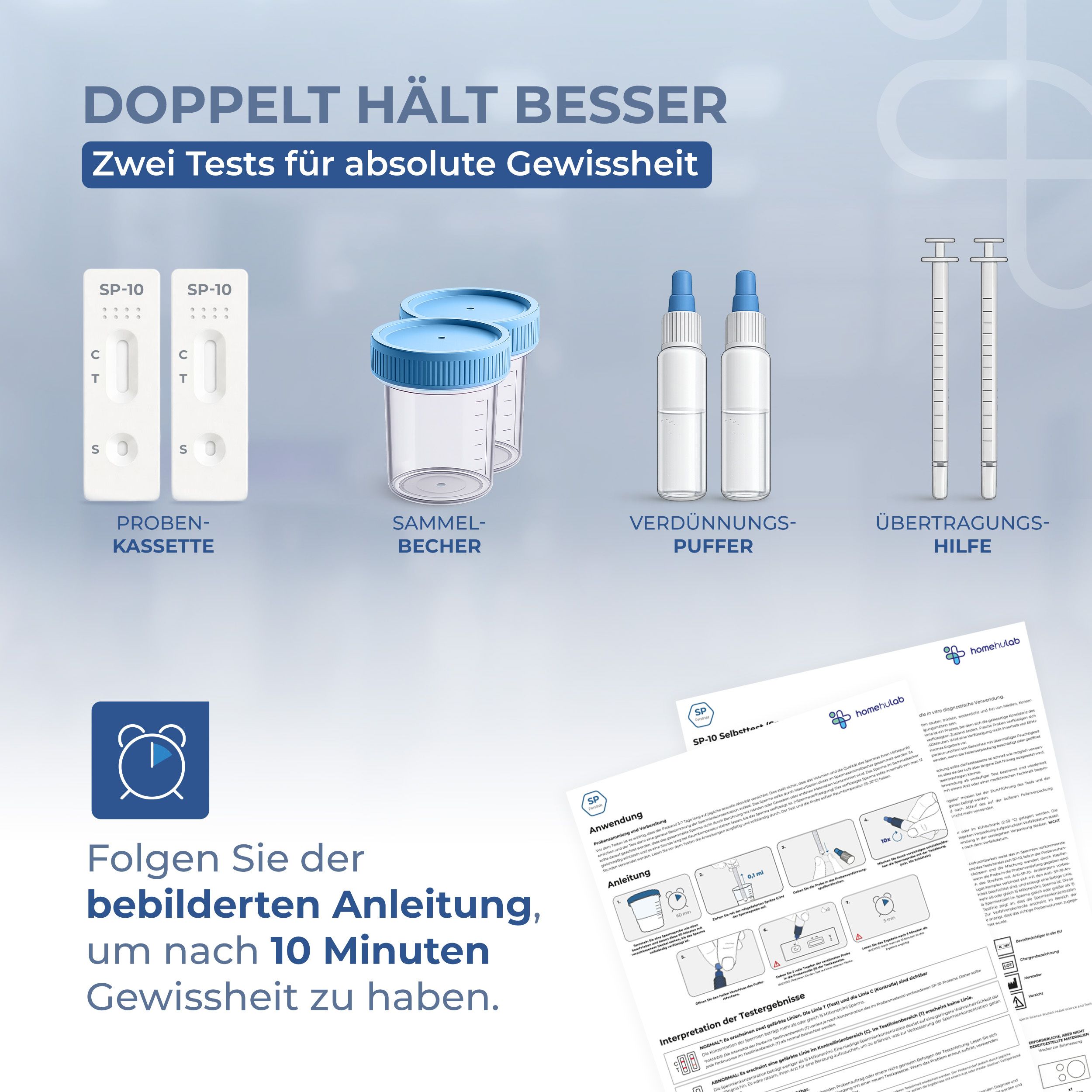 SP-10 Test-Zubehör: Teststreifen, Becher, Puffer, Übertragungshilfe. Anleitung.