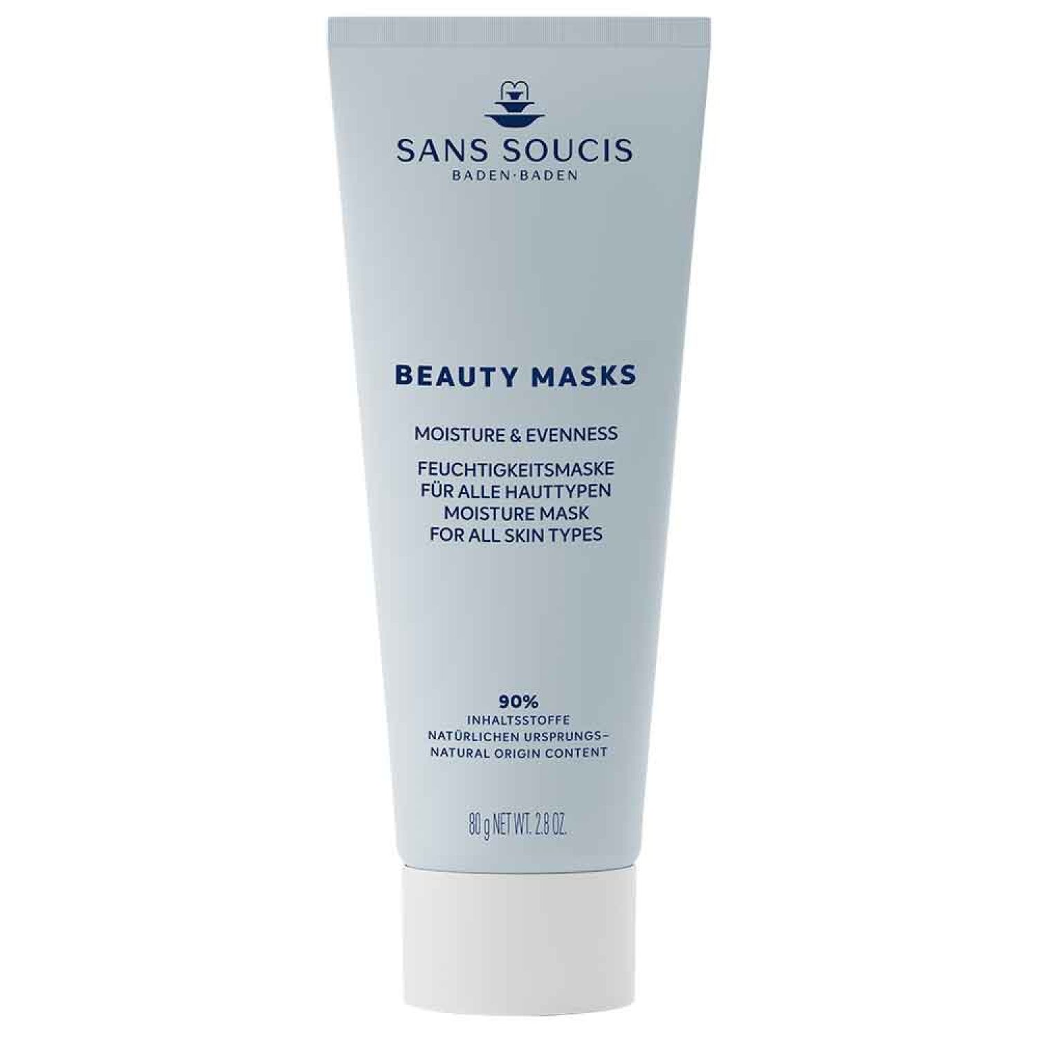 Hellblaue Tube mit Produktinformationen. Aufschrift: Sans Soucis, Beauty Masks, Moisture & Evenness. Für alle Hauttypen.
