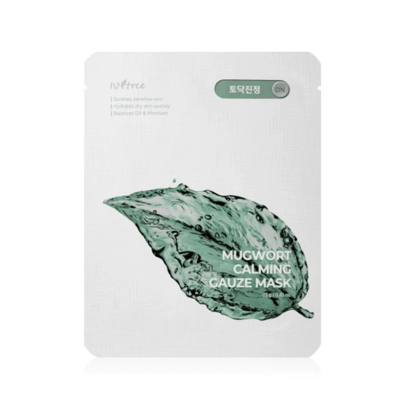 Gesichtsmaske mit Aufschrift "Mugwort Calming Gauze Mask". Verpackung mit Blatt-Design und Logo.