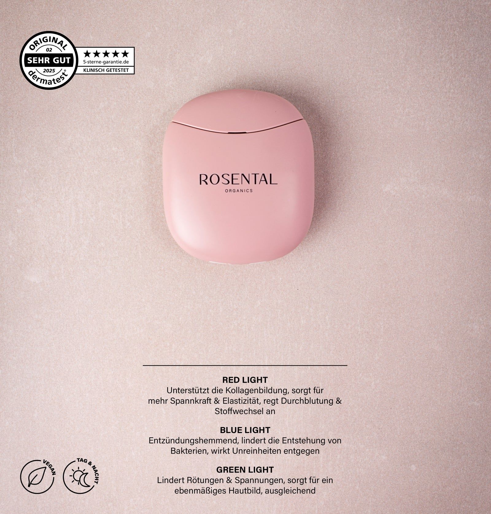 Rosa Gerät mit der Aufschrift "ROSENTAL ORGANICS". Oben links: Logo und Text. Darunter: Texte über Lichtfunktionen.