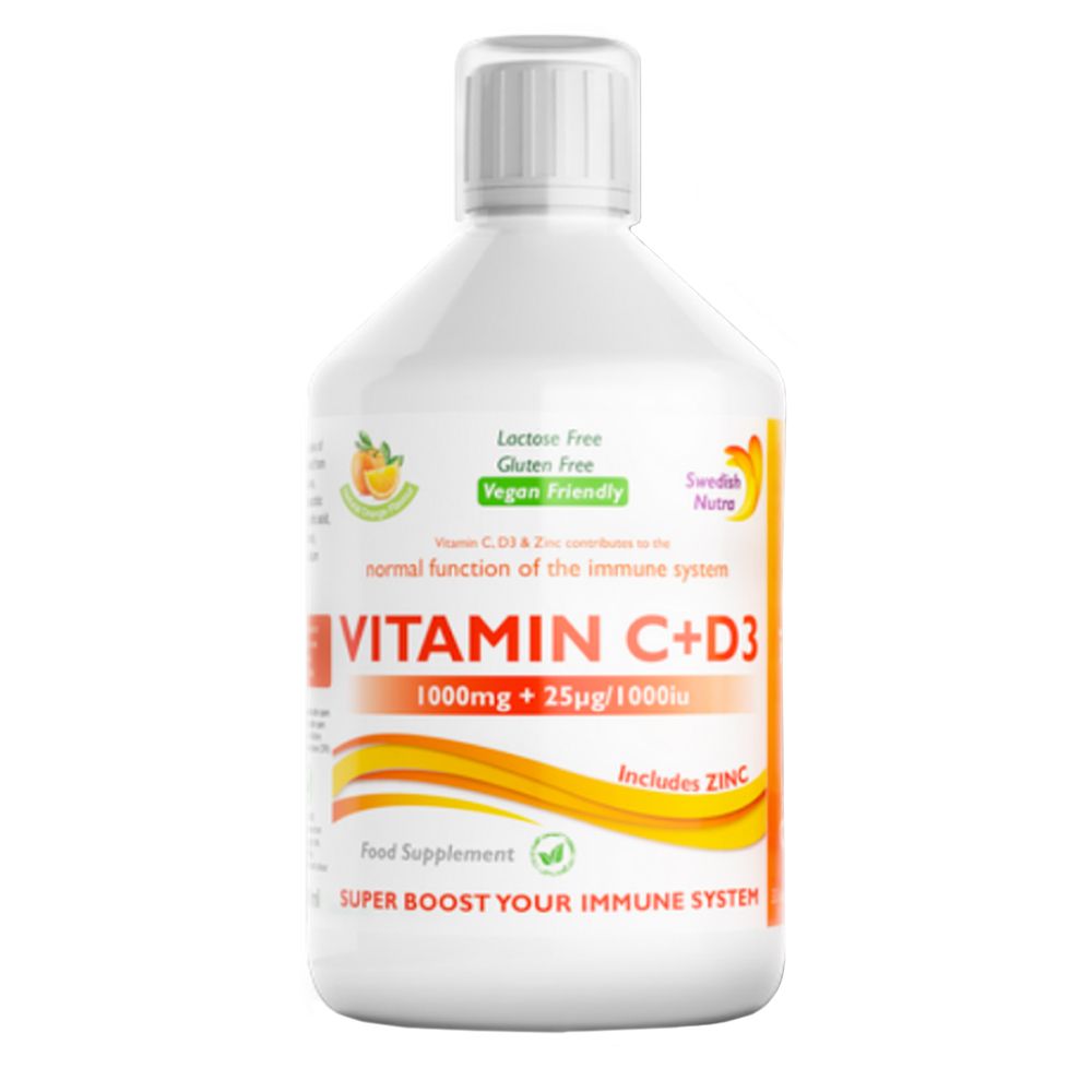 Weiße Flasche mit Vitamin C+D3. Aufschrift: Lactose Free, Gluten Free, Vegan Friendly. Enthält Zink. Nahrungsergänzungsmittel.