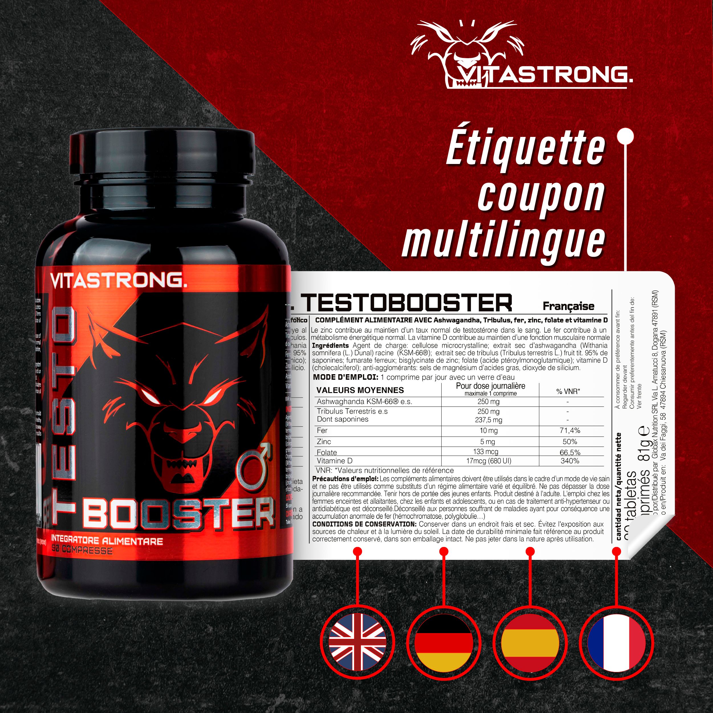 Flacon et boîte Vitastrong Testobooster. Étiquette multilingue. Texte : Étiquette coupon multilingue.