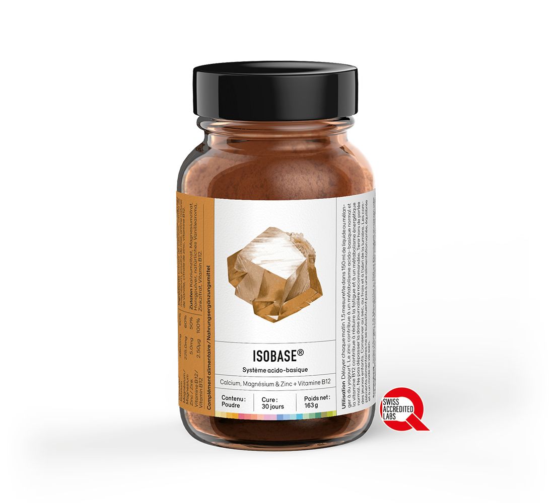 Braune Glasflasche mit schwarzem Deckel. Etikett mit Produktnamen, Inhaltsstoffen und Logo. Swiss Quality Label.