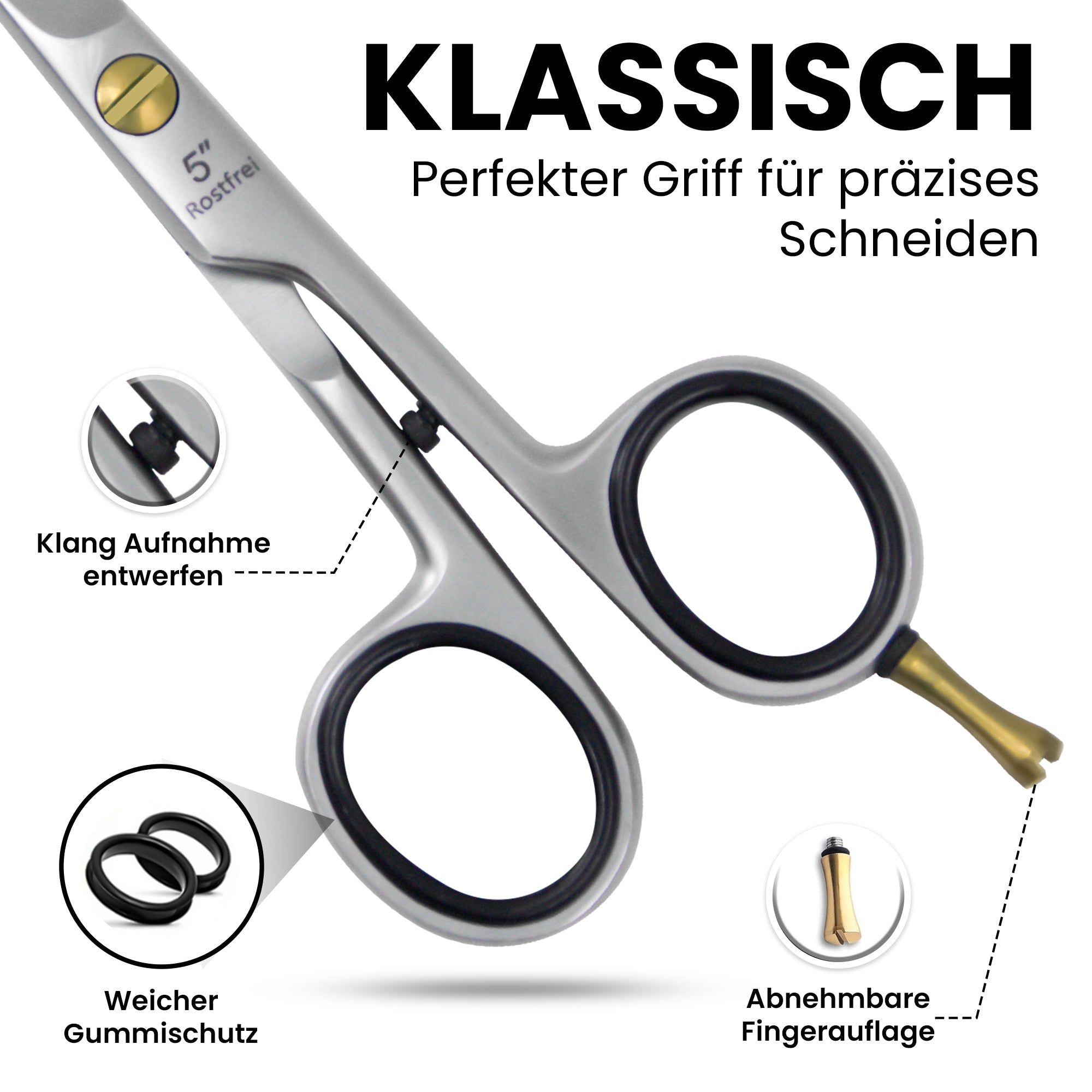Friseurschere mit schwarzem Griff und goldfarbener Schraube. Beschriftung: '5" Rostfrei'. Mit 'Weicher Gummischutz' und 'Abnehmbare Fingerauflage'.