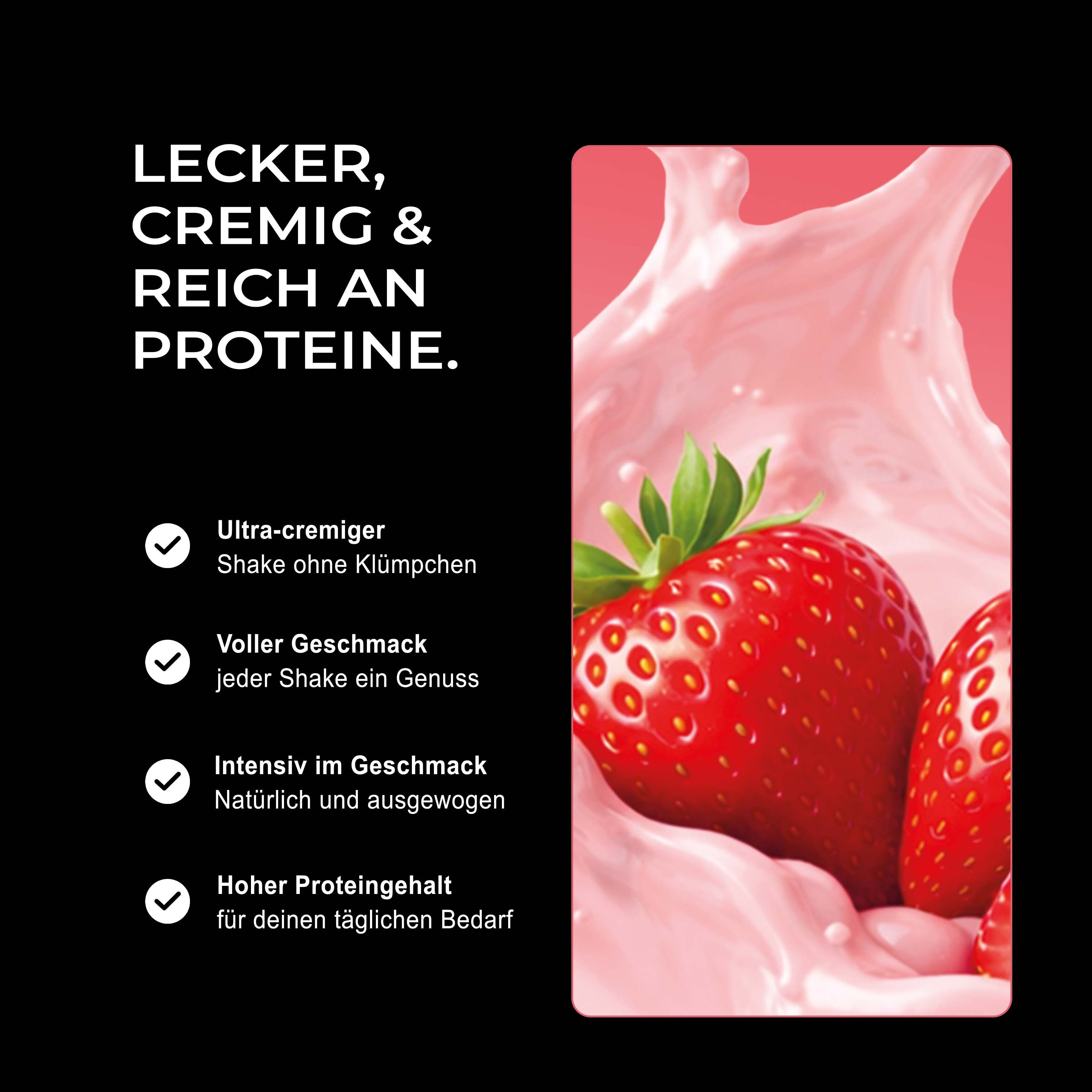 Neosupps Vision Whey Protein Erdbeergeschmack: Nahaufnahme von Erdbeeren in cremiger Flüssigkeit.