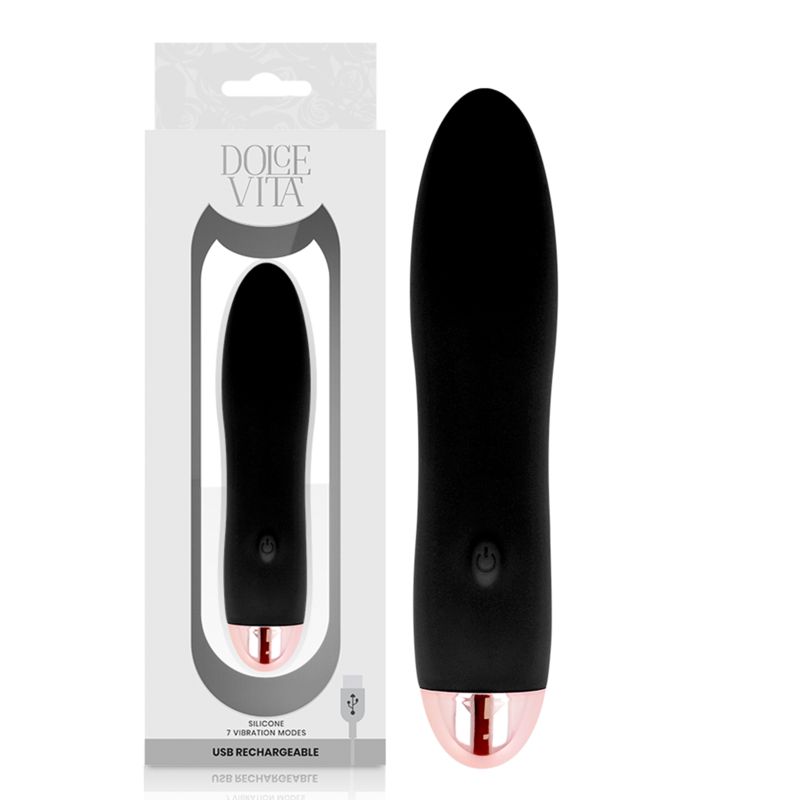 Schwarzer Silikon-Vibrator mit roségoldfarbenem Ende. In Verpackung mit Produktnamen und USB-Ladefunktion.