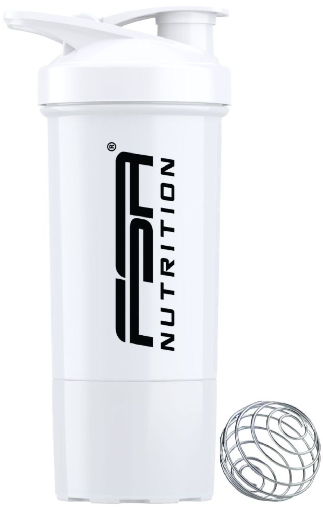 Weißer Protein Shaker mit Metall-Mischkugel. FSA NUTRITION Logo.