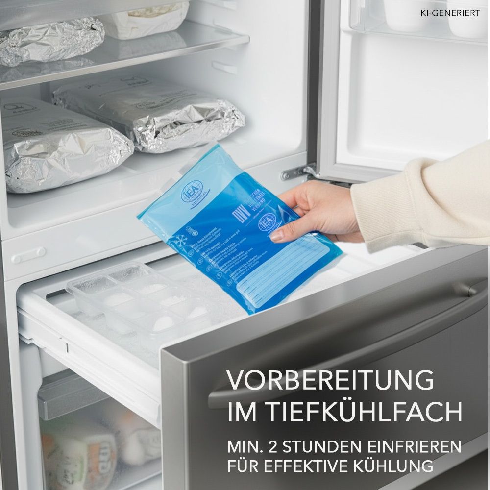 Hand legt Kältekompresse in Gefrierschrank.