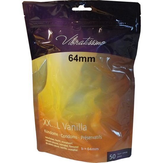 Verpackung mit Kondomen. Aufschrift: Vibratissimo, 64mm, XX...L Vanilla. 50 Stück. Aromatisierte Kondome.
