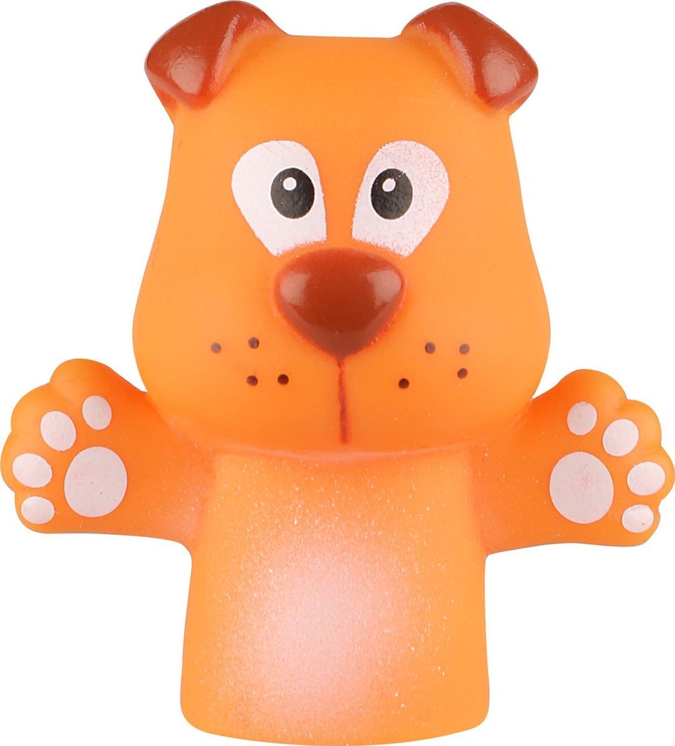 Orangefarbene Fingerpuppe eines Hundes. Braune Ohren und Nase. Weiße Augen und Pfoten.