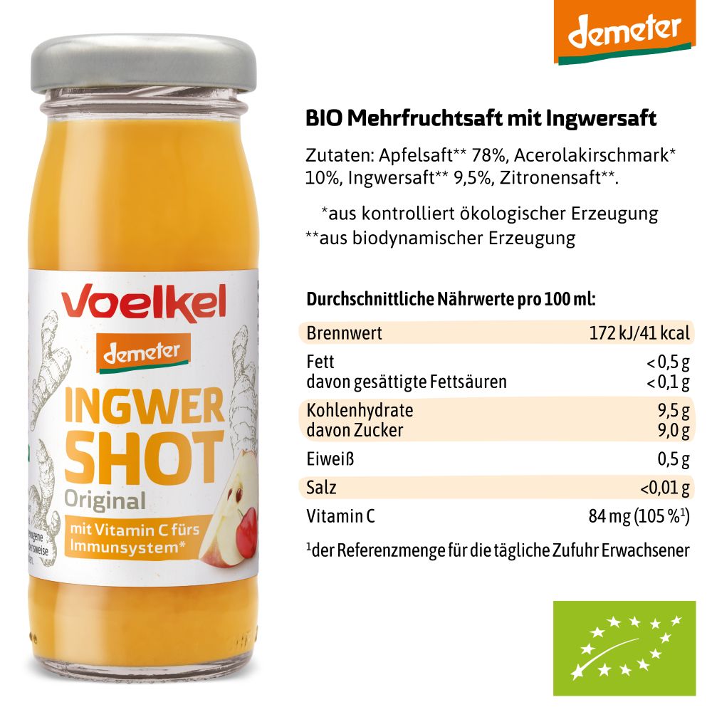 Glasflasche mit gelbem Inhalt. Etikett mit "Voelkel Ingwer Shot Original" und Nährwertangaben. Demeter-Siegel.