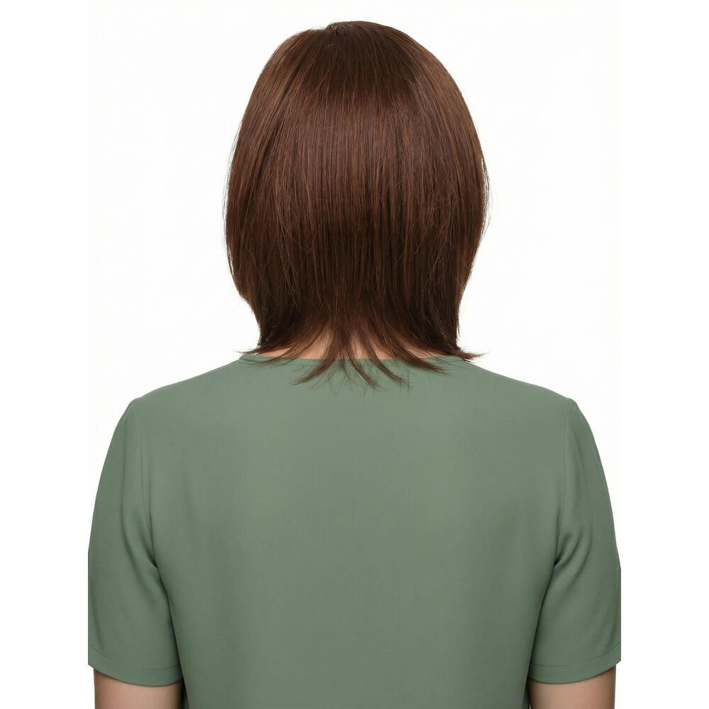 Perücke Megan von trendhair, braun, schulterlang, Rückansicht. Frau mit grünem Oberteil.