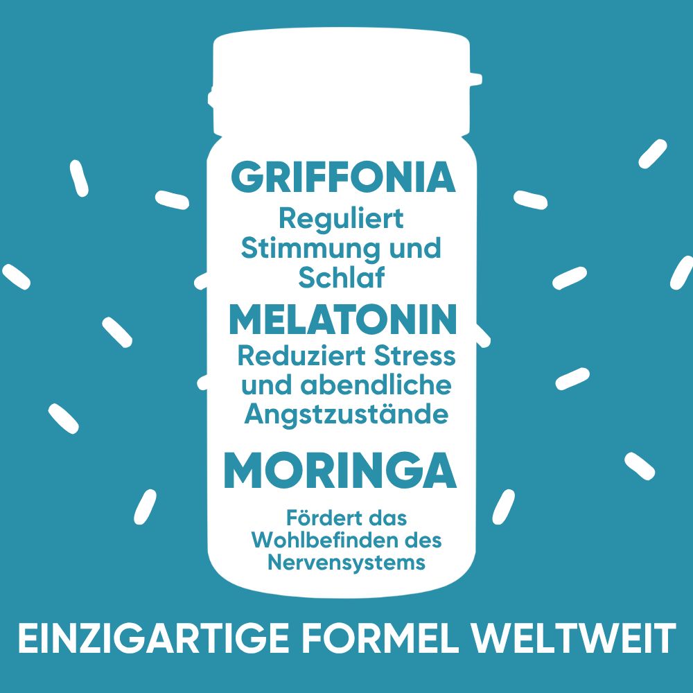 Flasche RedMoringa Melatonin mit grünen Kapseln. Hilft beim Einschlafen, reguliert Stimmung und Schlaf.